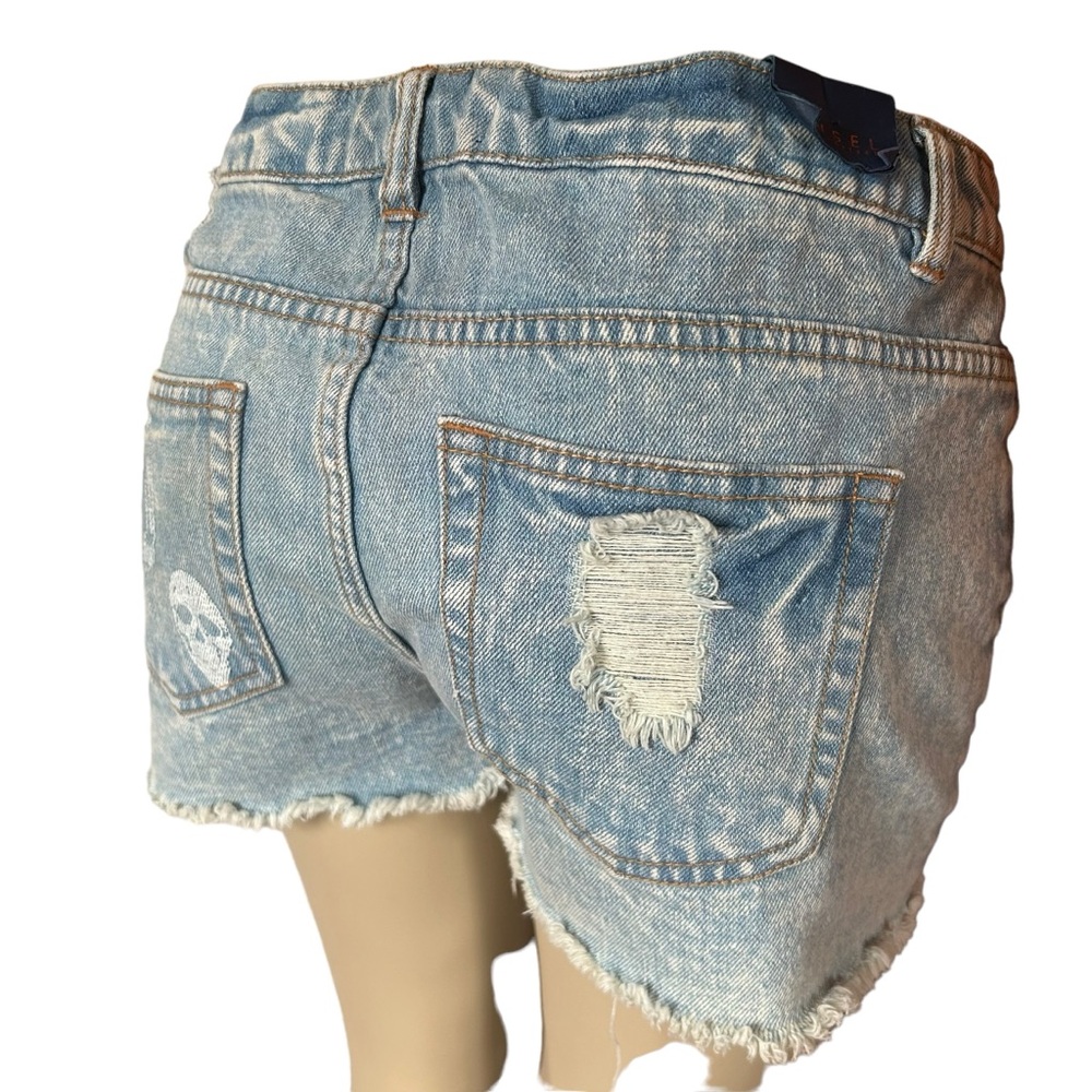 Tinsel denim shorts NEW women’s size 30 skulls y2k grunge blue distressed boho - Picture 10 of 16